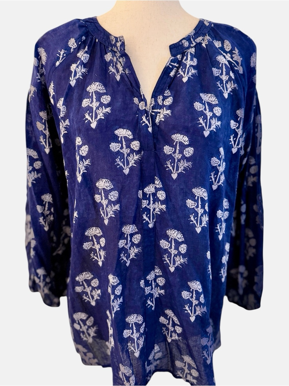 Lola Australia Blue White Floral Cotton Boho Blouse Size M